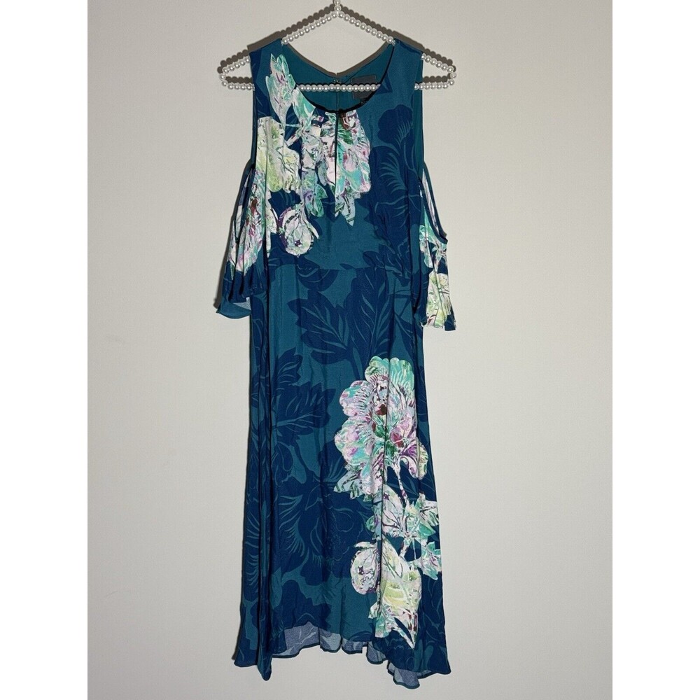 Maeve Dress Size 12  Blue Floral Elia Cold Shoulder Midi Lined Flowy Anthro New